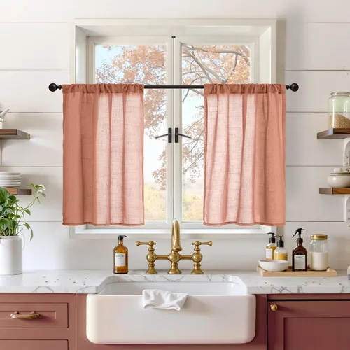 Miniatura 145 de BGment Cortinas de lino café de 30 pulgadas de largo para ventana pequeña, cortinas de media ventana beige semitransparentes ligeras con bolsillo