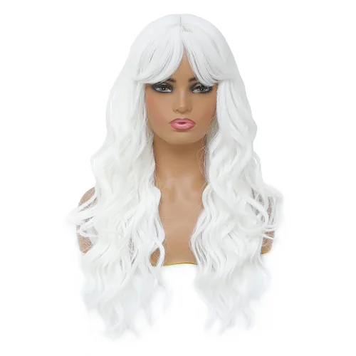 Miniatura 16 de SWACC Peluca larga y rizada ondulada con flequillo peluca de pelo sintético para mujeres con gorra de peluca (negro)