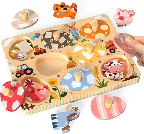 Zeoddler Rompecabezas de madera de Pascua para niños pequeños, 8 piezas de rompecabezas de huevos a juego de animales de granja, juguetes Montessori
