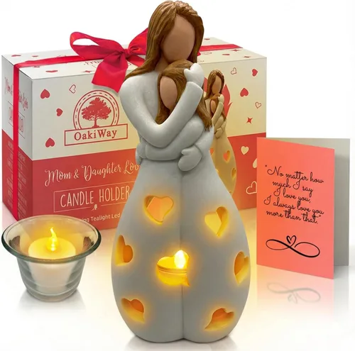 Miniatura 12 de Estatua de Portavelas Pintada a Mano Abuela-Nieta con Vela LED Parpadeante Ideas Únicas de Regalo de Nana para Navidad, Regalo de Cumpleaños