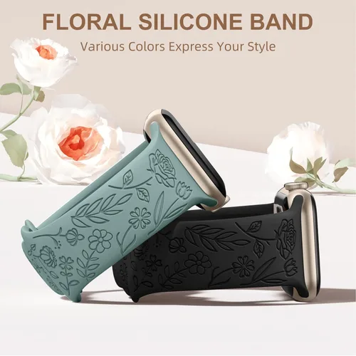 Miniatura 4 de DaQin Paquete de 4 correas florales grabadas compatibles con Apple Watch para mujeres de 40mm 41mm 42mm 44mm 45mm 46mm 38mm 49mm, correa de silicona