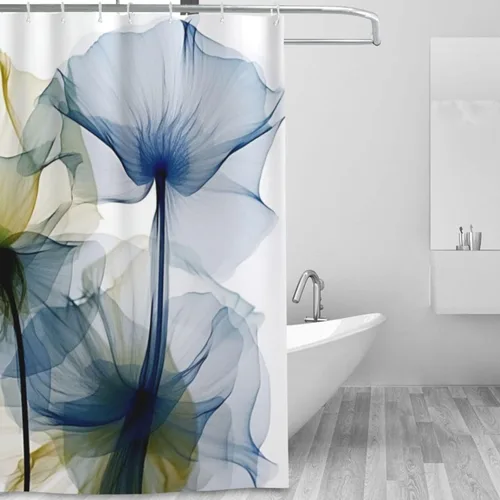 Miniatura 2 de YLATY2772 - Cortina de ducha de flores abstractas para baño, juego de cortina de ducha bohemia floral azul y verde, tela transparente, moderna