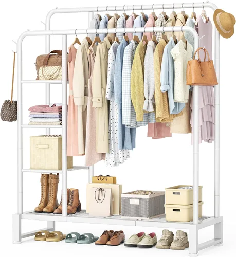 Miniatura 9 de Perchero de doble barra con estantes de almacenamiento de 4 niveles, perchero para colgar ropa, organizador multifuncional de ropa resistente