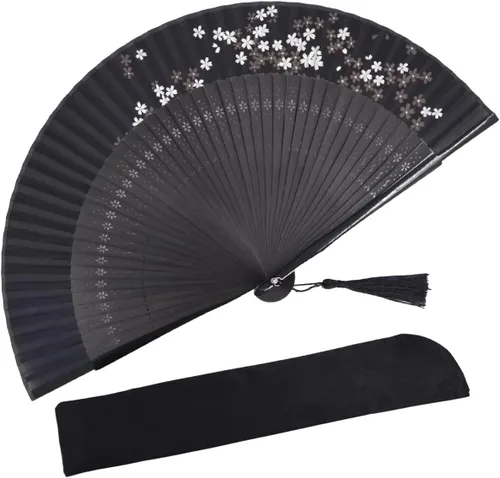 Miniatura 12 de Ventilador de mano plegable para mujer, estilo chino japonés vintage, de seda de bambú, 15 x 8.3 pulgadas, con borla y bolsa para fiesta, boda