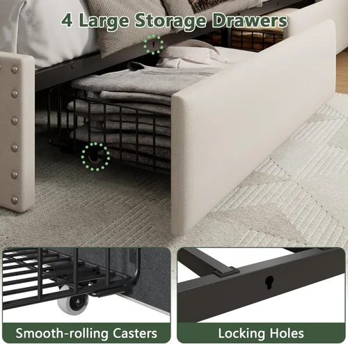 Miniatura 8 de OURPIC Base de cama Queen con 4 cajones de almacenamiento y cabecero, base de cama tapizada tamaño Queen con estación de carga y luces LED,