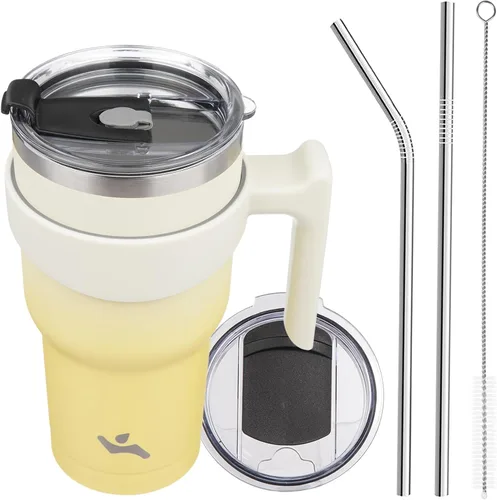Miniatura 9 de Konokyo - Vaso de 10 onzas con asa y 2 popotes, 2 tapas, botella de agua aislada de acero inoxidable, taza de viaje reutilizable, color verde militar