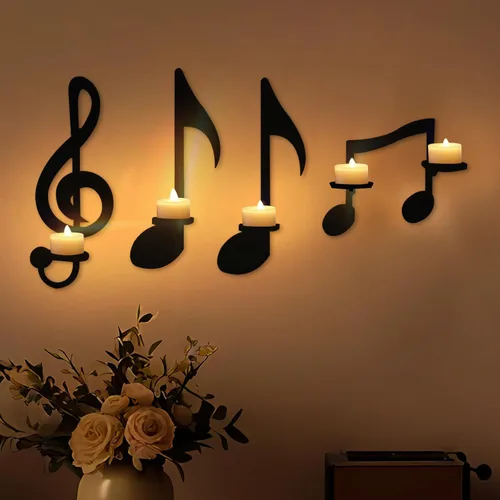 Miniatura 8 de Juego de candelabros de notas musicales 4P negros montados en la pared con bandejas plegables para velas de té, arte decorativo de pared para sala