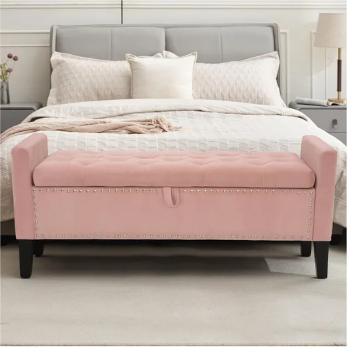Miniatura 18 de Banco otomano de almacenamiento, reposapiés tapizado de terciopelo para dormitorio y sala de estar, asiento copetudo con almacenamiento, patas