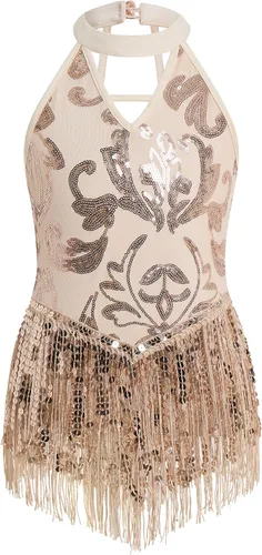Miniatura 10 de IBAKOM Body de lentejuelas brillantes con flecos y cuello halter en V, leotardo de gimnasia para niños, espalda abierta, jazz latino, hip hop
