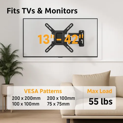 Miniatura 2 de Aeons Soporte de pared para TV de movimiento completo para la mayoría de televisores de 13 a 42 pulgadas con giratorio, inclinación, extensión