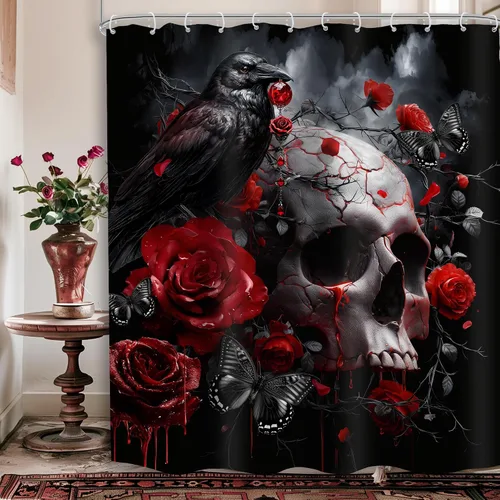 Miniatura 10 de Cortina de ducha gótica con calavera, 60 pulgadas de ancho x 72 pulgadas de alto, estilo rústico boho, con hongos amarillos, flores, abejas