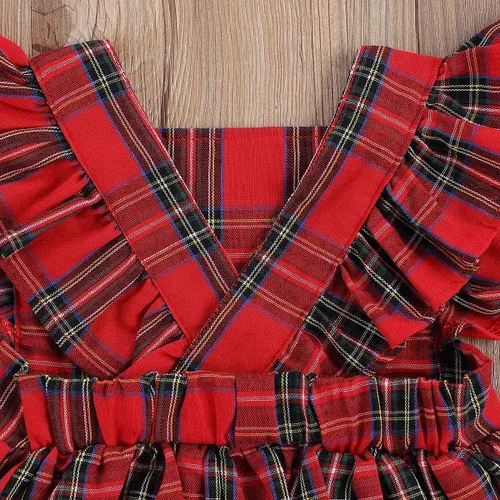 Miniatura 5 de GuliriFei Mameluco de Navidad para bebés y niñas, vestido de body rojo a cuadros para niños pequeños, manga con volantes, traje de fiesta