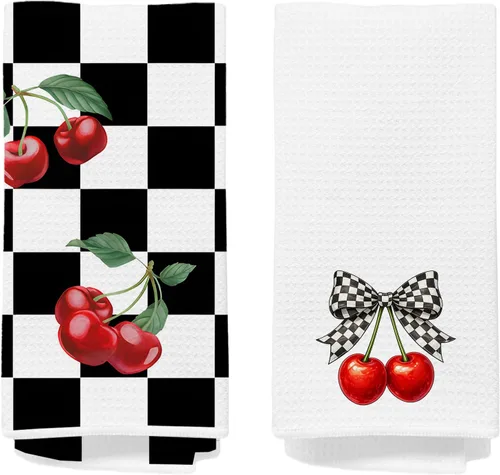 Miniatura 13 de Toallas de mano de cereza para cocina y baño – Toallas de té decorativas retro a cuadros en blanco y negro, accesorios de decoración de cocina