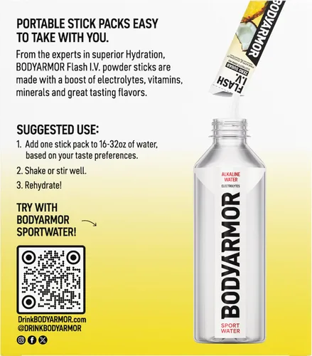 Miniatura 8 de BODYARMOR Flash IV - Paquetes de electrolitos, fresa y kiwi, mezcla de bebida sin azúcar, paquetes de una sola porción, agua de coco en polvo