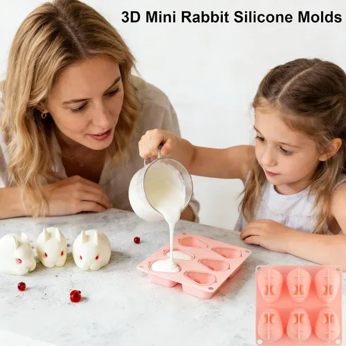 Miniatura 2 de Moldes 3D de silicona para cubitos de hielo de conejo, 2 moldes de resina de silicona en forma de conejo para mousse, fondant y helado, 6 cavidades