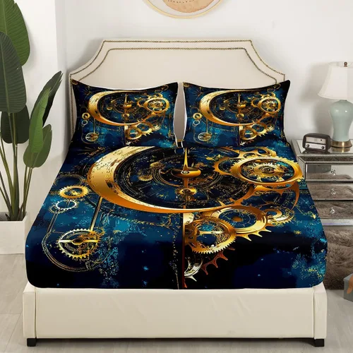 Miniatura 3 de Manfei Gears - Sábana bajera ajustable tamaño individual, funda de cama dorada con 1 funda de almohada, estilo steampunk, 2 piezas para decoración