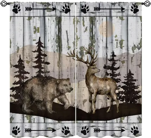 Cortinas rústicas de granja, puerta de granero de madera retro, tablero de madera, cabaña, animales salvajes, osos, ciervos, vintage, estampado de