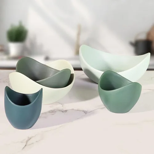 Miniatura 5 de Notakia Cuencos decorativos de ensalada con forma de loto, aptos para lavavajillas, cuencos de cerámica únicos en ángulo para ensalada, pasta, sopa