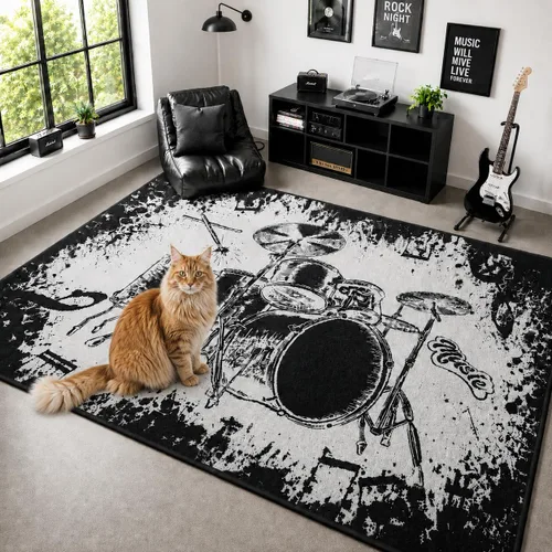 Juego de batería de área musical, alfombra negra vintage, alfombras de música antideslizantes, tapetes suaves para sala de estar, dormitorio,