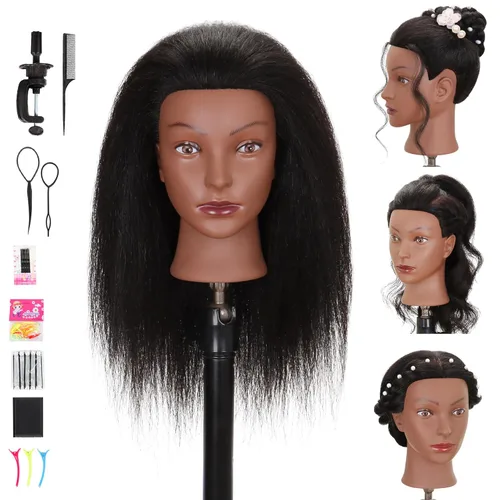 Cabeza de maniquí 100% cabello humano real, cabeza de muñeca de entrenamiento para trenzar, peinar, práctica de cosmetología con soporte de