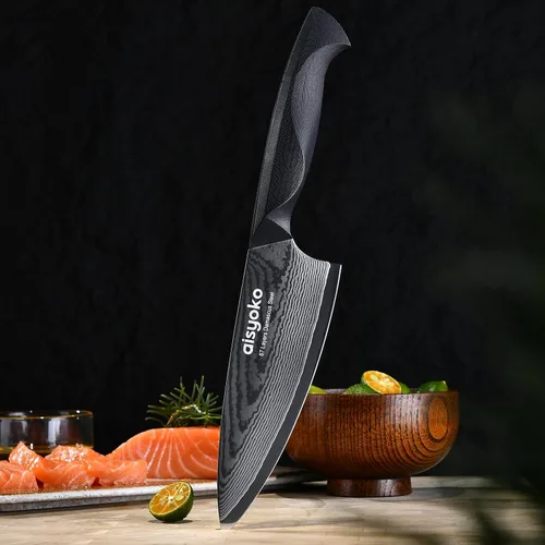 Miniatura 7 de aisyoko Damasco - Cuchillo de chef de 6.5 pulgadas, cuchillo de cocina afilado Japón VG-10, acero inoxidable al carbono, ultra afilado, mango