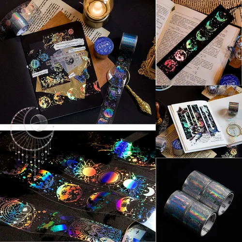 Miniatura 5 de 4 rollos de cinta holográfica vintage holográfica de mariposa astronomía PET adhesivos de resina impermeables transparentes brillantes