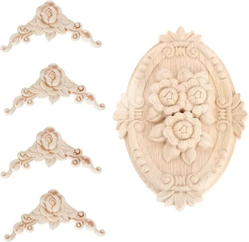 Miniatura 9 de 5 piezas de apliques de madera tallada en madera Onlays Onlays DIY tallados muebles apliques Onlays sin pintar centro tallado calcomanía para puerta