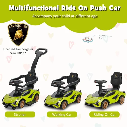 Miniatura 2 de INFANS 3 en 1 Coche de paseo con licencia Lamborghini, cochecito de bebé con empuje, coche de paseo deslizante con asa de empuje, música, USB, faro
