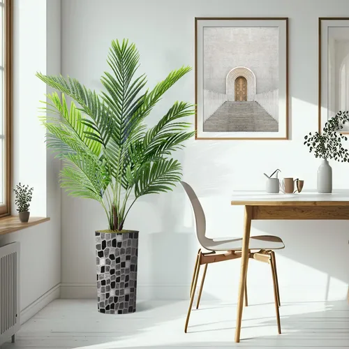 Miniatura 6 de Árbol artificial en macetero moderno con patrón geométrico, palmeras tropicales areca falsas de seda para decoración del hogar en interiores