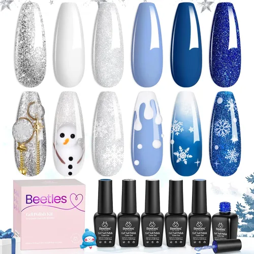 Miniatura 8 de beetles Gel Polish Juego de esmalte azul con purpurina de la colección de copos de nieve, color blanco, azul marino, plateado, gel de remojo