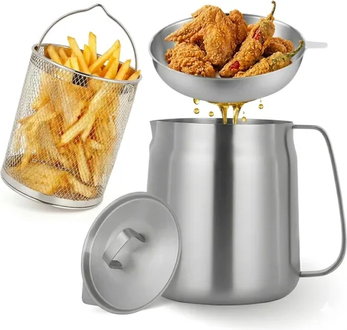 Olla de filtro de aceite de acero inoxidable de 68 onzas con cesta para freidora y colador de aceite, freidora de grado alimenticio 304, recipiente