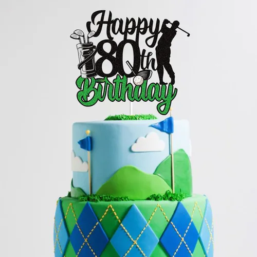 Miniatura 5 de Decoración de pastel de golf de 80 cumpleaños negro verde golf 80 años jugador de pelota decoración de pastel 1943 temática deportiva suministros