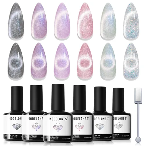 Miniatura 16 de modelones - Juego de 6 esmaltes en gel con efecto de ojo de gato cristalino, holográfico 9D, brillantina, negro, azul, morado, verde, con imán