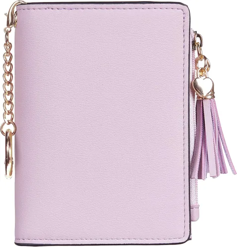 Miniatura 5 de Gostwo Mini cartera pequeña plegable para mujer con borla y bolsillo con cremallera para monedas, Purple With Key Chain