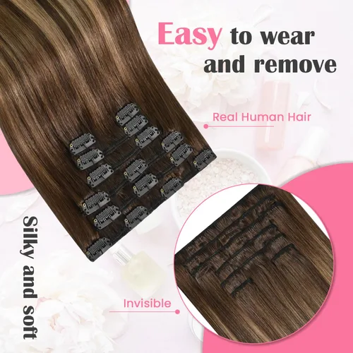 Miniatura 2 de Aison Extensiones de cabello con clip balayage de cabello humano real, extensiones de cabello ombre 100% de cabello humano para mujer, 12 pulgadas