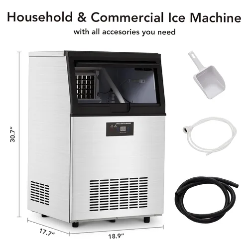 Miniatura 6 de Towallmark Máquina de hielo comercial, crea 160 libras en 24 horas, máquina de hielo comercial con capacidad de almacenamiento de hielo de 44