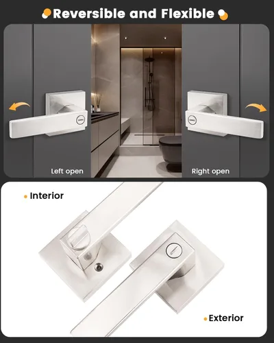 Miniatura 4 de Gobrico - Paquete de 10 manijas de privacidad cuadradas de níquel satinado, manijas interiores para puerta de dormitorio y baño, botón de giro