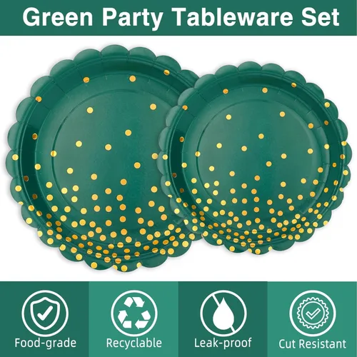 Miniatura 3 de 175 piezas de decoración de fiesta verde y dorada - Suministros de fiesta con platos y servilletas verdes - Platos de papel festoneados