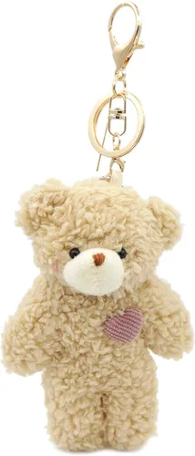 Miniatura 6 de Llavero de peluche de oso de juguete para niños con corazón morado de 5 pulgadas de peluche, mochila con colgante de regalo para niñas (A-marrón)