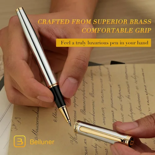 Miniatura 4 de BEILUNER - Bolígrafo de lujo con bola de rodillo, impresionante diseño de cromo plateado con acabado en oro de 24 quilates, diseños nobles y cromo
