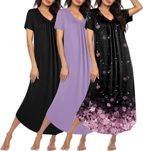 Ekouaer Paquete de 3 camisones largos para mujer, talla grande, vestido de casa de manga corta, cuello en V, camisón casual, M-5XL