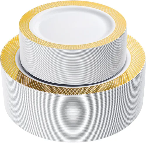 Miniatura 19 de 102 platos desechables de plástico de color café dorado con diseño de encaje, sin bisfenol A, lo que incluye: 51 platos llanos de 10.25 pulgadas
