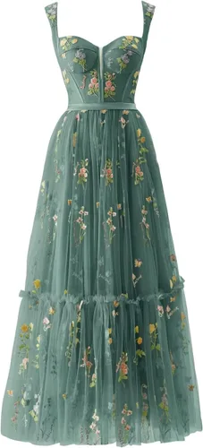 Basgute Vestido de fiesta de tul con bordado de flores para mujer, corsé, largo, con tirantes delgados, de hadas, fruncido, formal, vestido de fiesta