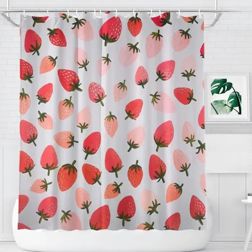 Miniatura 14 de KOMIKU Juego de cortina de ducha estética de frutas con diseño floral de cereza rosa, decoración de baño de frutas de verano, de poliéster, lona