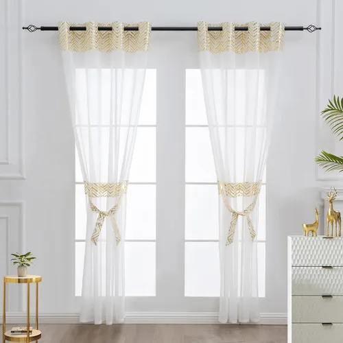L.Z.E Cortinas traslúcidas blancas y doradas de 63 pulgadas de largo, elegantes cortinas blancas para sala de estar, comedor, cortinas filtrantes de