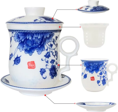Taza de té de porcelana con tapa de infusor y juegos de platillos – Taza de café de cerámica china Jingdezhen Taza de té de hoja suelta Sistema de