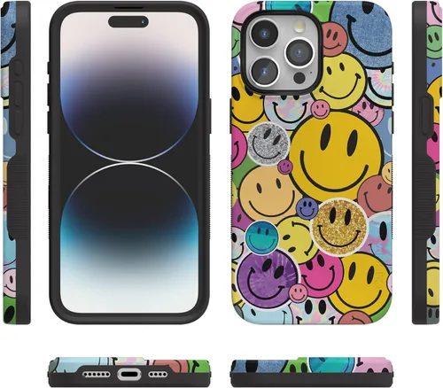 Miniatura 5 de Funda Casely para iPhone 15 Pro Max Todas las sonrisas Adhesivo de cara sonriente Compatible con MagSafe Diseño protector audaz