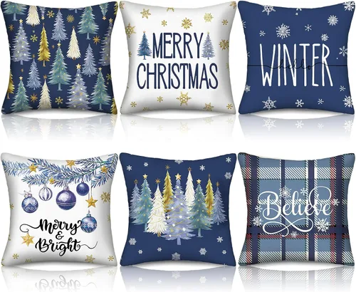 HunnmingRe Juego de 6 fundas de almohada azules de invierno de 18 x 18 pulgadas, fundas de almohada decorativas de temporada al aire libre para