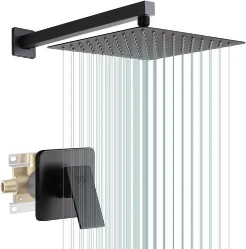 Juego de llave de regadera de color negro mate, sistema de regadera de lluvia para baño con cabezal de regadera de acero inoxidable, kit de ajuste