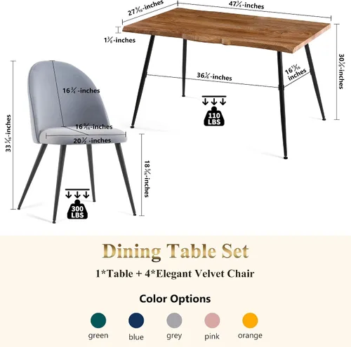 Miniatura 7 de Homedot Juego de mesa de comedor de 5 piezas para 4, diseño único de mesa de comedor con borde vivo y mesa gruesa con 4 sillas de comedor tapizadas